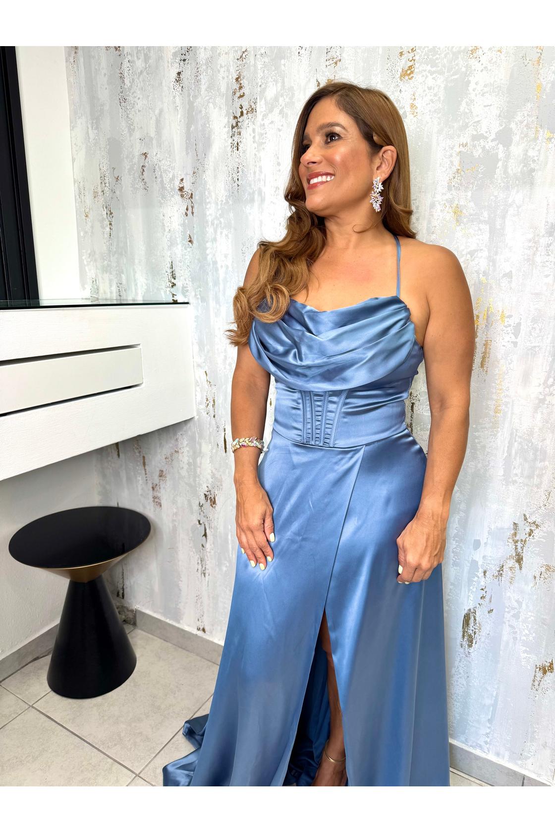 Solid color satin maxi dress with corset top and bow at back